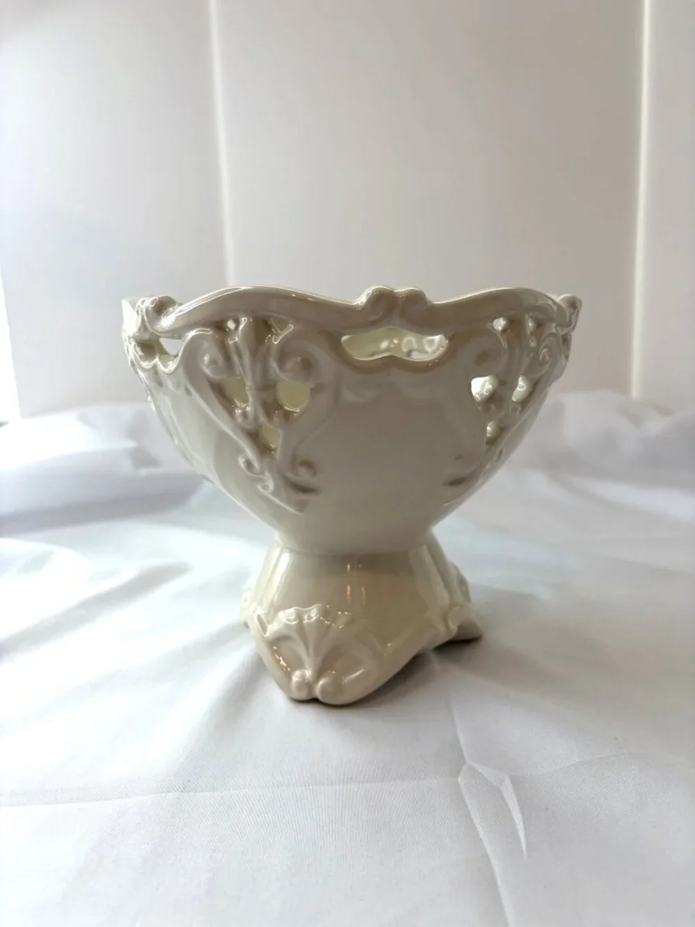 Vintage Cream Pedestal Bowl Pierced Openwork Rim Ornate Footed Compote MCM
